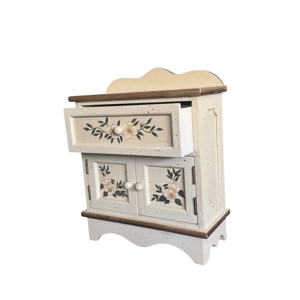 Vintage Floral Wooden Jewelry Box Armoire Cream Hand Painted